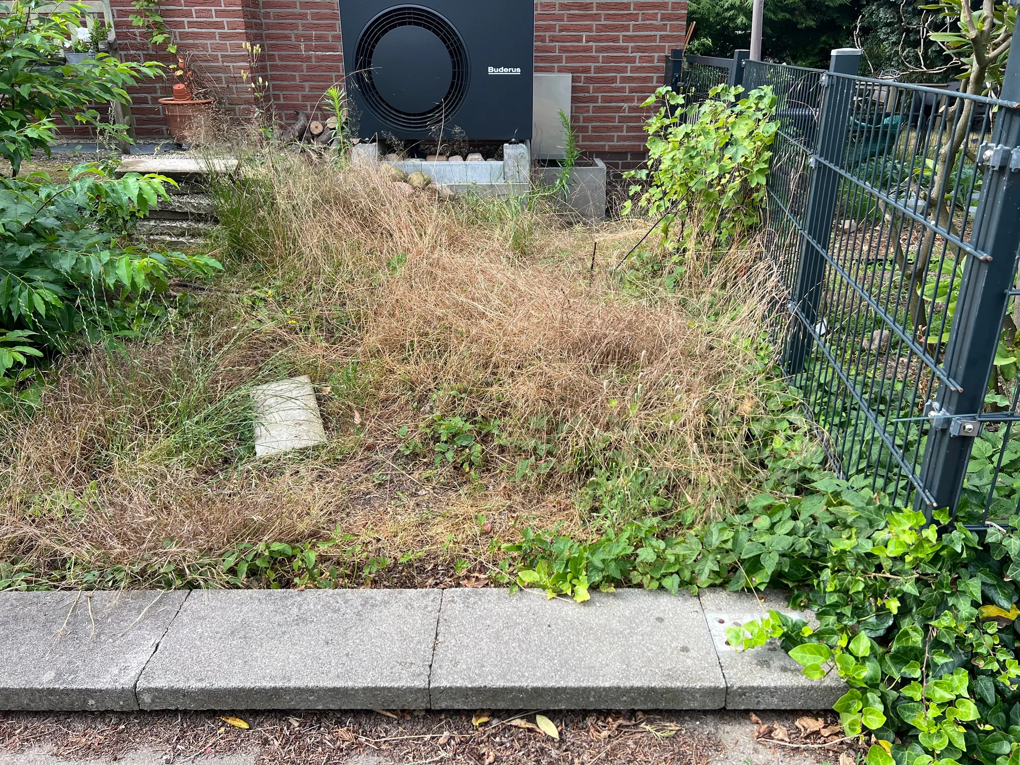 Vorher: zugewachsenes Beet an Wärmepumpe und Zaun