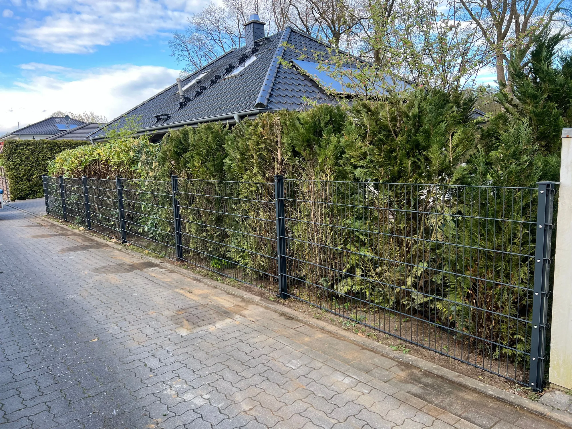 Neue Zaunanlage mit Doppelstabmatten entlang der Straße